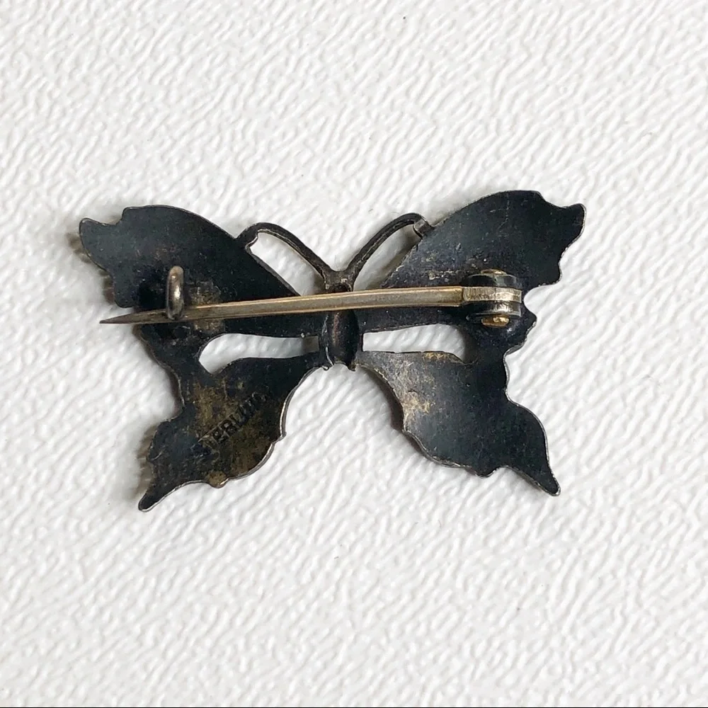 Vintage Sterling Silver Green Butterfly Brooch Pin